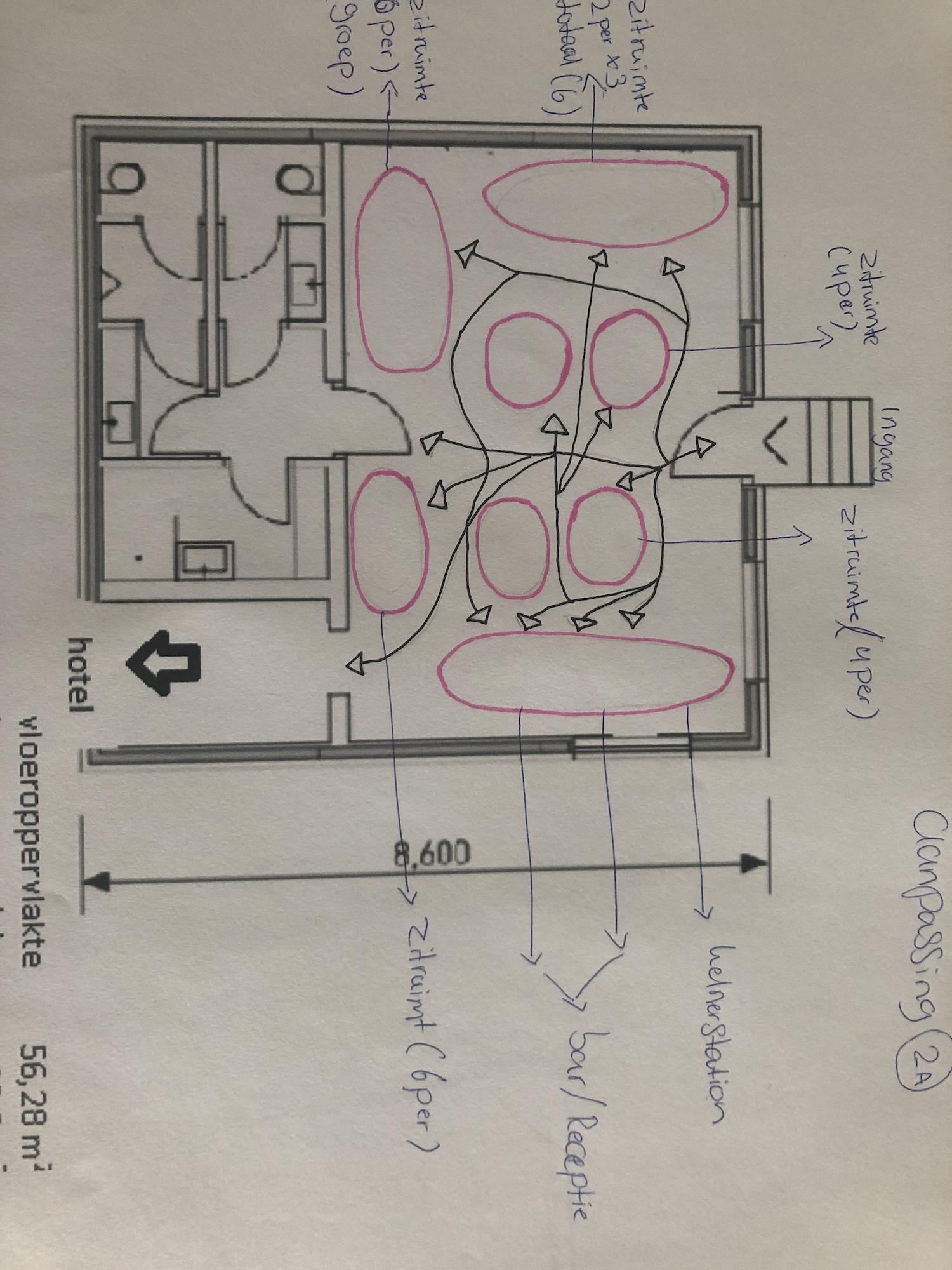Hand-drawn floor plan analyzing customer flow and seating zones across the hotel reception.
