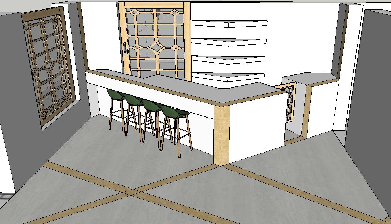 3D render of the bar and reception with stools, shelving and patterned screens.