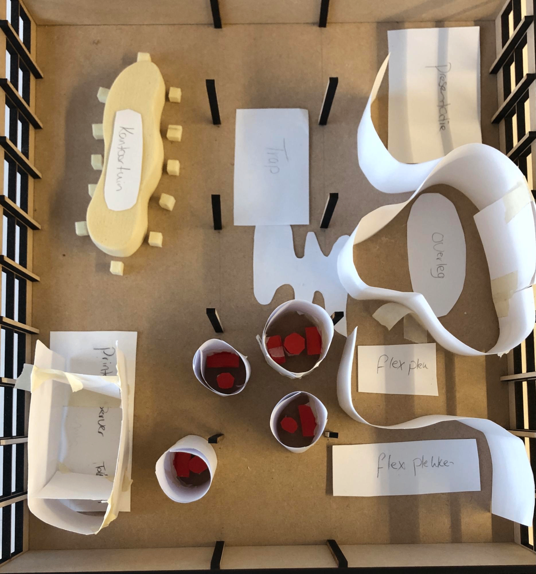 Top view restaurant concept model showing seating, pathways and movement through the space.